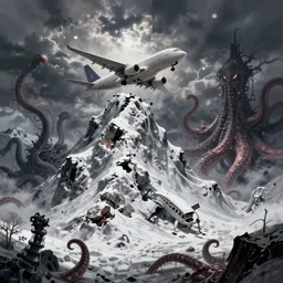 airplane crashes at snowy mountain peaks, mountains of madness, dnd fantsay art, arkham horror, evil fluid, tentacles, creepy, by greg rutkowski