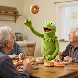 kermit throwing donuts at old people