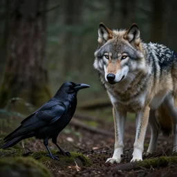 mixture between an crow and! wolf, photograph captured in a dark forest, realistic