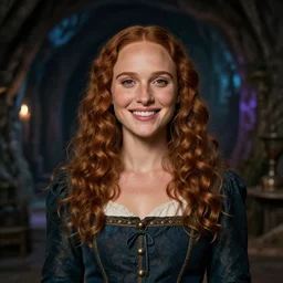 young, freckled, curly haired, redhead natalie portman as a optimistic medieval innkeeper in a dark underground city. dark shadows, colorful, soft light, law contrasts, fantasy portrait by jakub rozalski, jan matejko, and j. dickenson