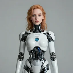 beautiful centered Fine art photo portrait of entranced young Christina Hendricks as a solarpunk robotic humanoid, white mechanical parts with led lights, photorealistic, white background, highly detailed and intricate, sunset lighting, HDR 8k
