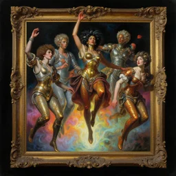 a baroque neoclassicist close - up painting of afrofuturism people jumping out of picture frames. reflective detailed textures. glowing colorful fog, black background. highly detailed fantasy science fiction painting by moebius, norman rockwell, frank frazetta, and syd mead. rich colors, high contrast. artstation