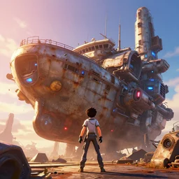 a film still of a sci - fi gigantic rusty metal shipping vessel from tekkonkinkreet by ian mcque, cyberpunk docking space station, bits of broken light, vibrant, 5 0 mm lens, video game character design, 3 d game render hd, dramatic lighting, sunrise, global illumination, trending on artstation, bloom