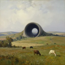 intergalactic stargate portal in the middle of a quiet countryside, with rolling hills and peaceful grazing animals in the foreground by isaac levitan