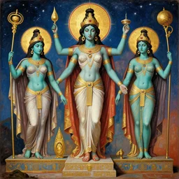 aztec altar, three cyan - skinned characters as mighty goddesses and gods, neoclassicism roman renaissance painting, eva poster, fantastical greek art, hindu latina idol obsidian skin cyberpunk, favourite movie still, cycles, highest quality, golden ratio, very colorful, exquisitely tasteless, starry sky, heresy, orthodox icon