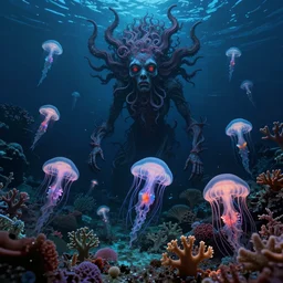 nightmare of the deep ocean by zdzisław beksinski, ernst haeckel, ed binkley, and wayne barlow, bioluminescent, coral reef, jellyfish, ai biodiversity, psychedelic, photorealistic ultrasharp hyperdetailed octane render