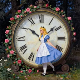 Alice in Wonderland,Clock,Rose twining,out of time and space,dreamy, eternity, romantic,highly detailed,in the style of Pierre-Auguste Renoir,Edward Hughes,Franz Xaver Winterhalter, night lighting