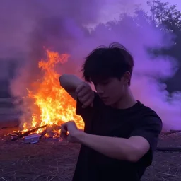 a young influencer dances in front of a huge forest fire, purple smoke, vhs, close - up