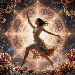 ecstatic beautiful young asian woman tripping by irakli nadar, several layers of 3 d coral and light fractals radiating from body with sacred geometry, cosmic, natural, awakening, symmetrical, in the style of ernst haeckel and alex grey, effervescent, warm, photo realistic, epic and cinematic