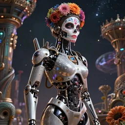 wanderer, beautiful female android!, intricate detailed environment, photorealistic!, octane render, mechanical, concept art, cinematic lighting, digital art, interstellar, hyper realism, sharp, cyberpunk, 8 k, de dia los muertos. by angus mckie, moebius