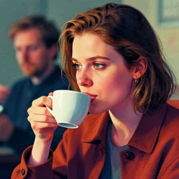 portrait of a heroine drinking coffee, colorful,vivid, Mads Berg, Karolis Strautniekas,small finely stippled light, cinematic lighting,fine texutre, editorial illustration, detailed, moody, dynamic composition,perspective