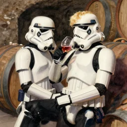stormtrooper and hot blonde drinking wine in a cellar, romantic, cozy, inviting, detailed, beautiful, atmospheric, impressionism, watercolor by vladimir volegov, inspired by ralph mcquarrie