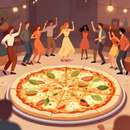 a crowd of people dancing in a party around a giant pizza,