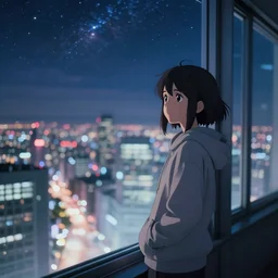 anime girl wearing a hoodie leaning against a large window , a futuristic cityscape is seen in the distance and andromeda in the nightsky, Award winning Photograph, Trending on Artstation, bokeh, gaussian blur, 48mm lense, long exposure , wide angle in the style of Makoto Shinkai. —w 720
