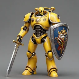 human-sized strong intricate yellow pit droid carrying very detailed perfect antique great sword and beautiful large paladin shield, pancake short large head, exposed metal bones, painterly humanoid mecha, away, by Greg Rutkowski