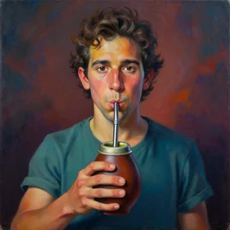 portrait of gael garcia bernal holding a yerba mate gourd with metal straw by mandy jurgens, cartoon, oil painting, visionary art, symmetric, dramatic ambient lighting, high detail, vibrant colors