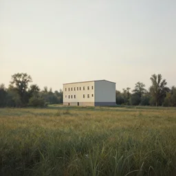 A serene landscape with a singular building in the style of  Leonid Fruhstorfer.