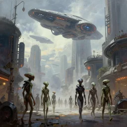 An alien cityscape, futuristic alien beings walking through the streets, super advanced alien spacecraft flying in the skies above the city, by Frank Frazetta. Trending on CGSociety, 16k Resolution, hyperdetailed :: no blur, no grain, highly detailed, cinematic, realistic, HDR ::