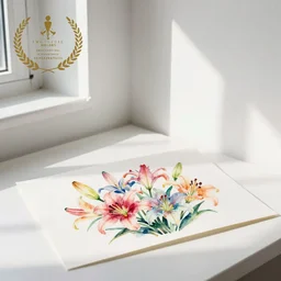 watercolor painting of multicolor lilies on white paper, bright, white table, white walls