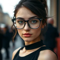 a portrait photograph of a nerdy young woman from paris with big glasses and a black dress, dof, sharp focus, highly detailed face, symmetric face, realistic iris, cinestill 8 0 0 t, photography by paolo roversi