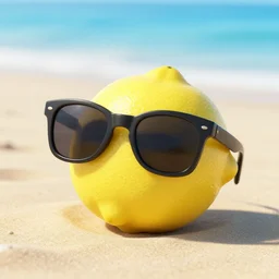 there is a lemon, it is wearing sunglasses on the beach