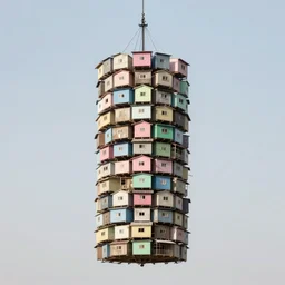 a suspended tower made up of densely stacked, makeshift squatter shacks with pastel colours, mamiya, 8 5 mm, f 1. 7, fully frontal view, uniform plain sky, photographed by julie blackmon