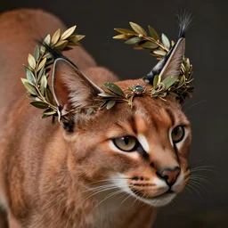 laurel wreath lying on a head of fluffy caracal, photography of kurzgesagt, no people, deep focus, d & d, intricate, elegant, highly detailed, digital painting, artstation, concept art, matte, sharp focus, illustration, hearthstone, art by artgerm and greg rutkowski and alphonse mucha