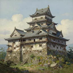 A beautiful painting of a dilapidated ancient castle building in the wood, by Noriyoshi Ohrai, Trending on artstation, very detailed