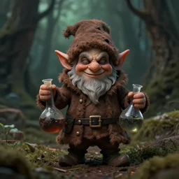 tiny evil alchemist gnome, brown tuffle coat, evil smile, flasks in hands, dnd, deforested forest background, grimdark, imperfections, matte painting, by midjourney