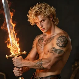 a beautiful young tatooed man with blond curly hairs, fantasy hero, fit, armed with a flaming sword