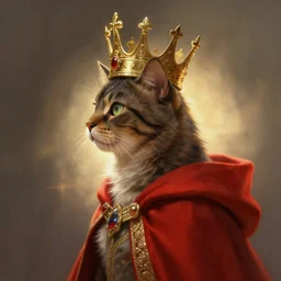 side profile of a cat king wearing a crown and red cape, fantasy, digital painting, volumetric light, intricate, sharp, focus, bloom, illustration, highly detailed, concept art, matte, ruan jia, randy vargas, greg rutkowski