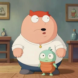 family guy with small creature in the studio ghibli movie art smooth 8k highly detailed, detailed face, beautiful scene,