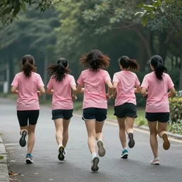 group of woman running with pink t-shirts view from behind, cinematic, 50mm, award-winning painting by noah bradley