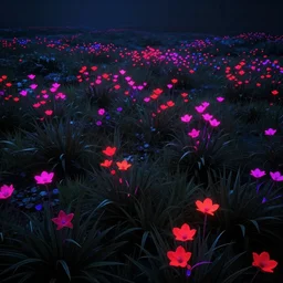 a dark landscape with neon coloured flowers, unreal engine, vibrant colours - n 9
