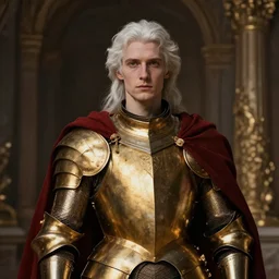 a young adult masculine man with thin face lines and white hair, wearing a golden dark armor with a scarlet cape, great lighting low - key award winning movie lighting, grandiose portrait, epic, noble, elegant, ethereal, magalie villeneuve, greg rutkowski, jeremy mann and claude monet, intricate, deep focus, renaissance digital painting, 4 k