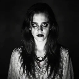 emma watson as the ghost girl from the ring, white eyes, blood, the grudge, japanese horror, dark, scary, black and white tape footage, modeling