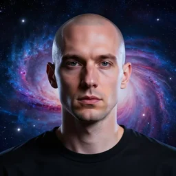 portrait of a bald man, synthwave, universe background, nebula, galaxy, digital art
