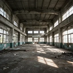 color photograph of the interior of an abandoned and completely empty factory, grimy floor, large windows on the sides,