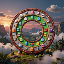 detailed round pacman, with ghosts, in a beautiful nature landscape with clouds, mountains, in background, sunset, by rhads, round pacman, detailed, coherent