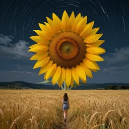 huge sunflower head, girl walking in wheat field, hills, surreal photography, dark night, star trails, dramatic light, impressionist painting, clouds, digital painting, artstation, simon stalenhag