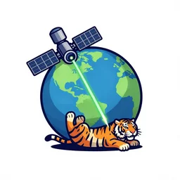 logo with a satellite orbiting the Earth. A tiger is rolling on its back, firing green lasers upwards out of its eyes. Vector art.