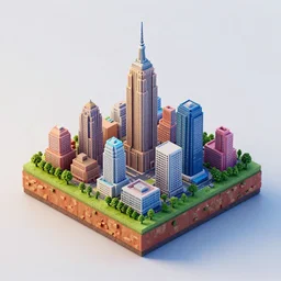 no crop. 3 d isometric diorama full view of small square island with two new york buildings, ultra detailed, hd textures, sharp focus, volumetric light, depht of field, a 3 d render by filip hodas, featured on polycount, cubo - futurism, colorful, voxel art, diorama, cityscape, octane render, no crop!!!