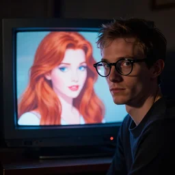 skinny nerd man in a dark room in front of a glowing crt monitor with a picture of a beautiful redhead woman, disney art, closeup on the crt screen