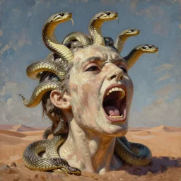 A disembodied head with empty eye sockets screaming as snakes wrap around it, desert background, oil painting, surrealism style
