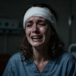 a dark portrait of a female mental asylum hospital patient ripped with pain and anguish and expression, crying, torn, extreme sadness, hopeless, bandaged head, very dark, depressing, grim, moody, atmospheric lighting, cinematic lighting, by nicola samori