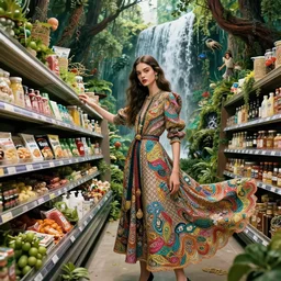 a very pretty beautiful girl!! model in a grocery store that is transforming into a forest with a waterfall, gucci dress : : by martine johanna and simon stalenhag and chie yoshii and casey weldon and wlop : : ornate, dynamic, particulate, rich colors, intricate, elegant, highly detailed, the vogue, harper's bazaar art, fashion magazine, smooth, sharp focus, 8 k, octane render,