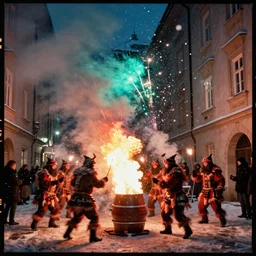 kodak portra 4 0 0, winter, snowflakes, rainbow coloured chaos, award winning dynamic photo of a bunch of hazardous krampus between exploding fire barrels by robert capas, motion blur, in a narrow lane in salzburg at night with colourful pyro fireworks and torches, teal lights