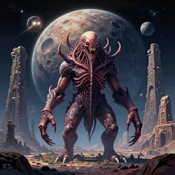 the anatomy of a celestial cosmic lovecraftian horror monster by bruce brenneise and peter mohrbacher, ancient alien ruins in background, large exoplanet in the sky, alien planet with craters and mountains and large structures, alien weapons, 3 d render, neosurrealism. digital concept art, pixel art, rendered in octane, trending on cgsociety, trending on artstation