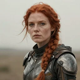 a rustic woman wearing futuristic clothes, detailed face, redhead, by greg rutkowski, mandy jurgens