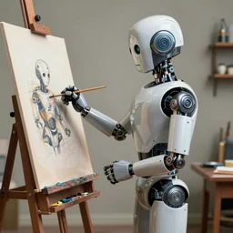 a robot painter standing at his easel with paintbrush, illustrated by jean giraud, illustrated by moebius, ultradetailed, hyperrealistic, octane render, 8 k, artstation, art germ, wlop